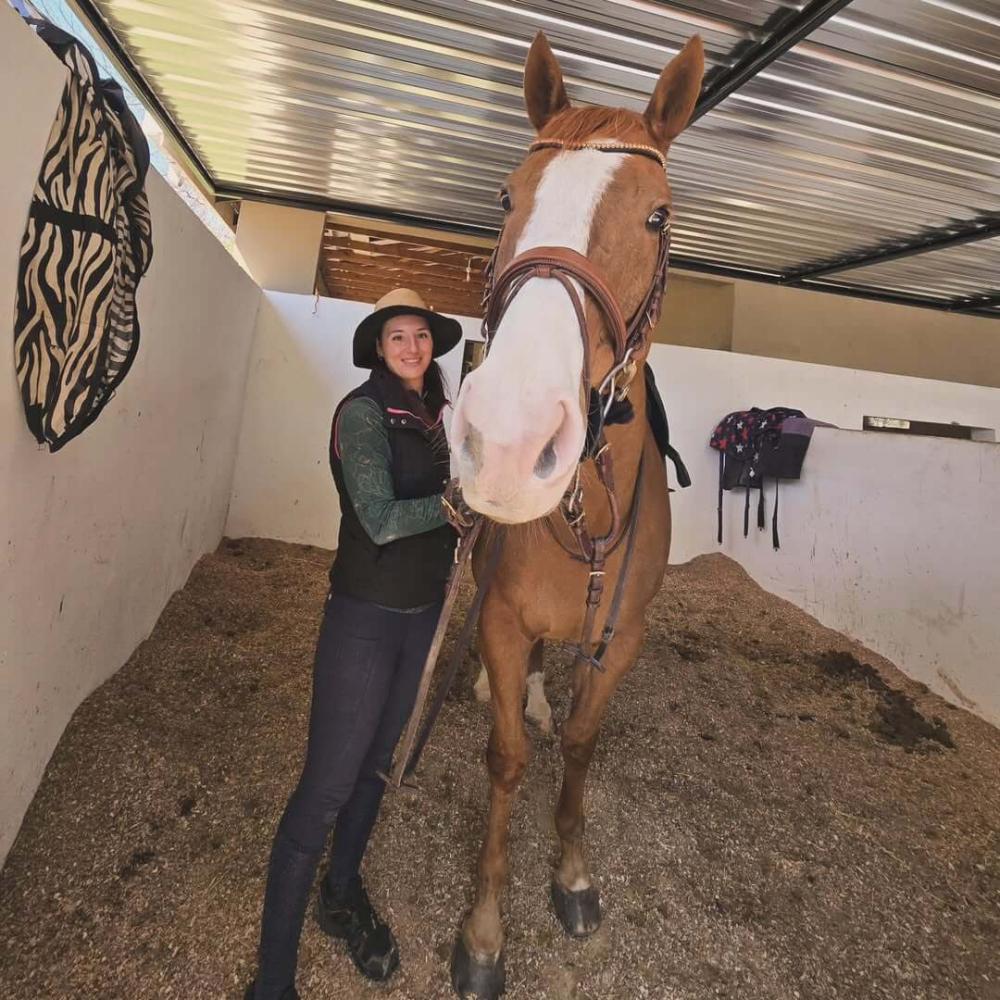 Rider smiling while holding a bridled horse inside a stable barn Cavaletti Collection.
