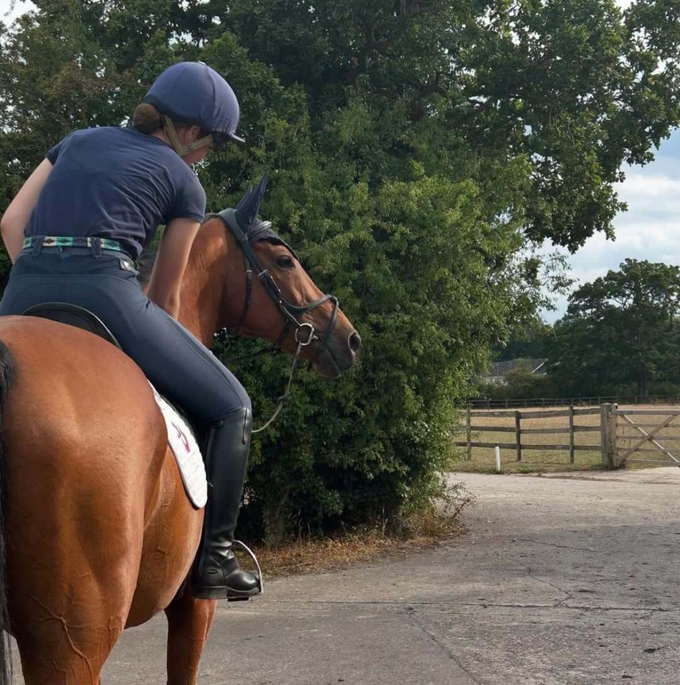 Team Allerton rider leaning affectionately over a horse wearing a Cavaletti saddle pad, showing trust and partnership.